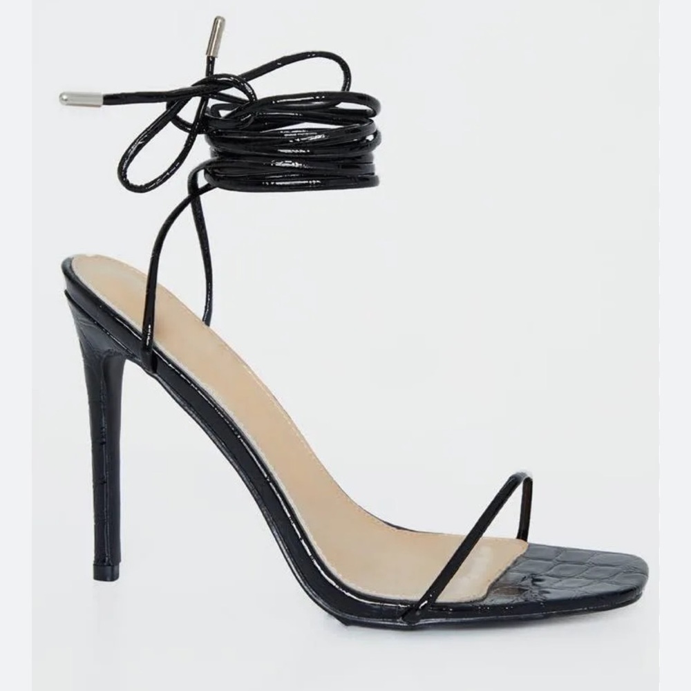 Black Croc Thin Strap Ankle Tie Strappy Sandal